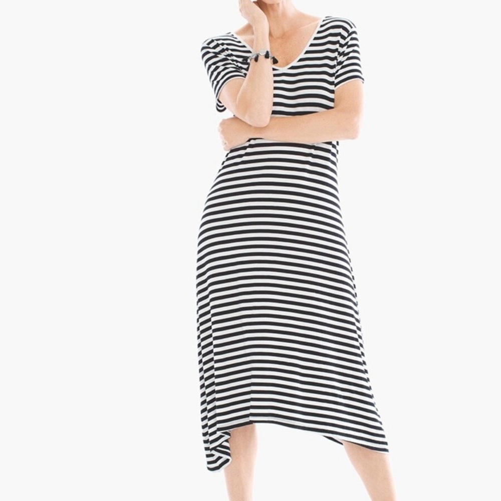 Chico’s Striped Tee Dress Black White Asymmetrical Hem Casual Travel Dress